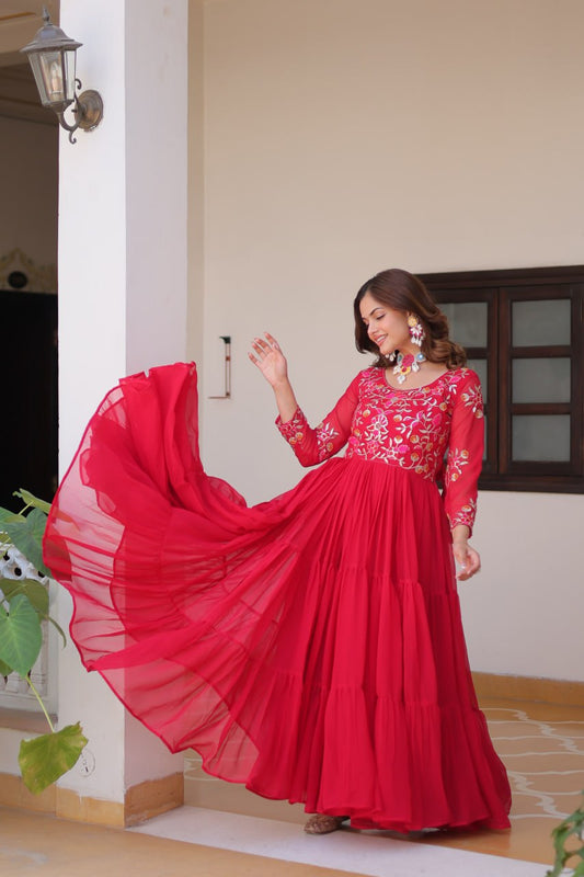 Pinkish Red Designer Georgette Gown