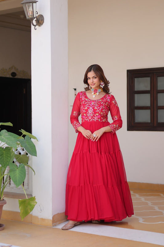 Pinkish Red Designer Georgette Gown