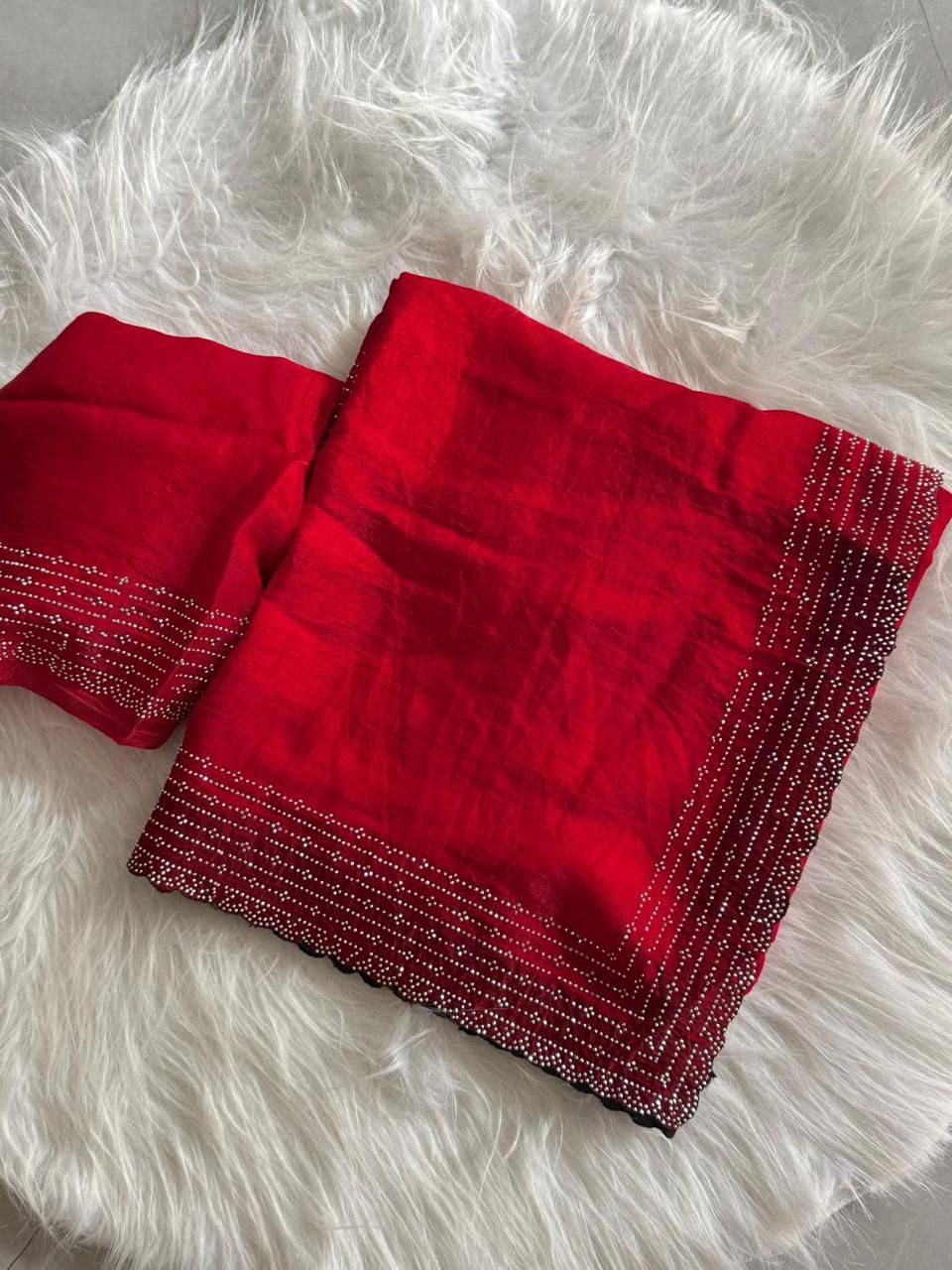 Pinkish Red Designer Party Wear Space Silk Saree