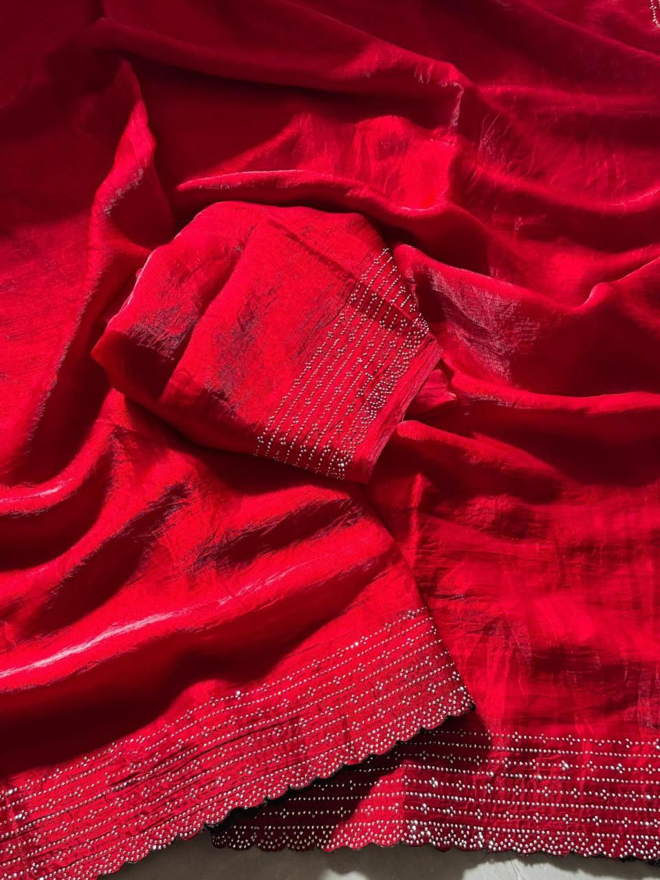 Pinkish Red Designer Party Wear Space Silk Saree