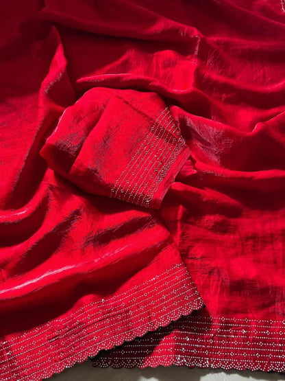 Pinkish Red Designer Party Wear Space Silk Saree