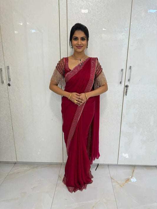 Pinkish Red Designer Party Wear Space Silk Saree