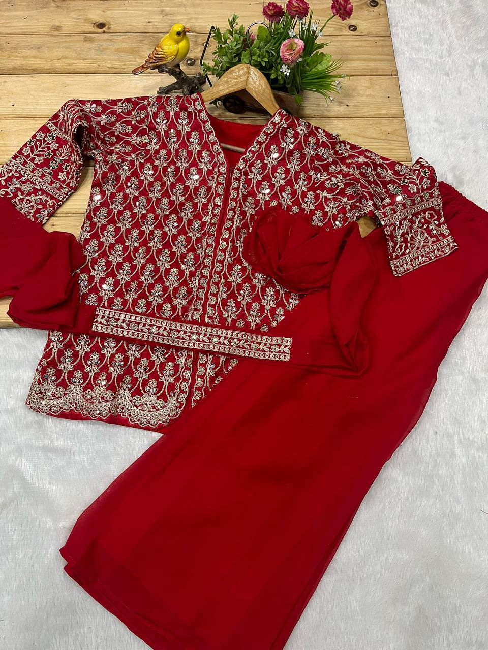 Pinkish Red Designer Three Piece Suit