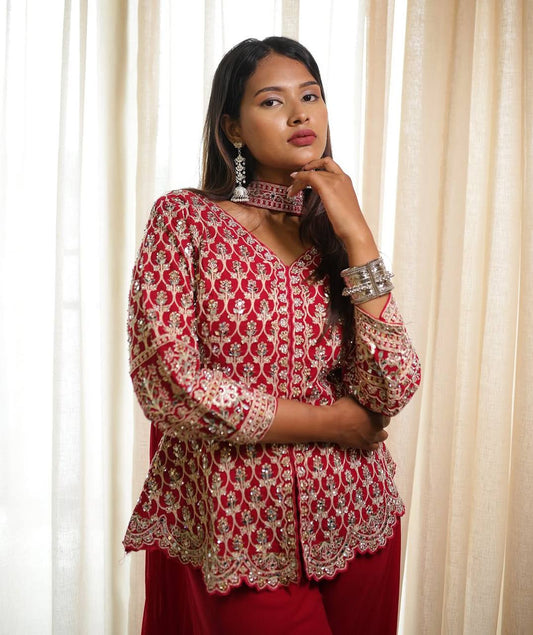 Pinkish Red Designer Three Piece Suit