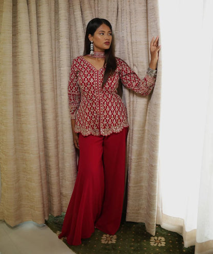 Pinkish Red Designer Three Piece Suit