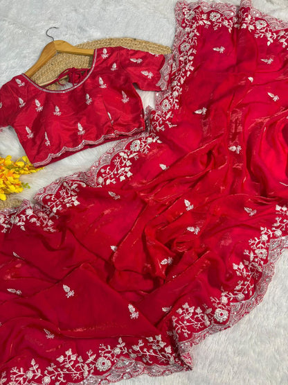 Pinkish Red Fancy Silk Saree