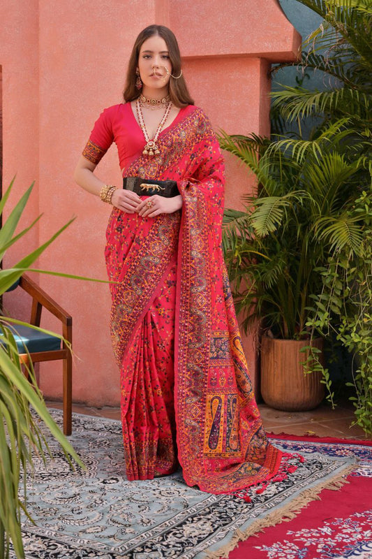 Pinkish Red Pashmina Silk Saree For Wedding