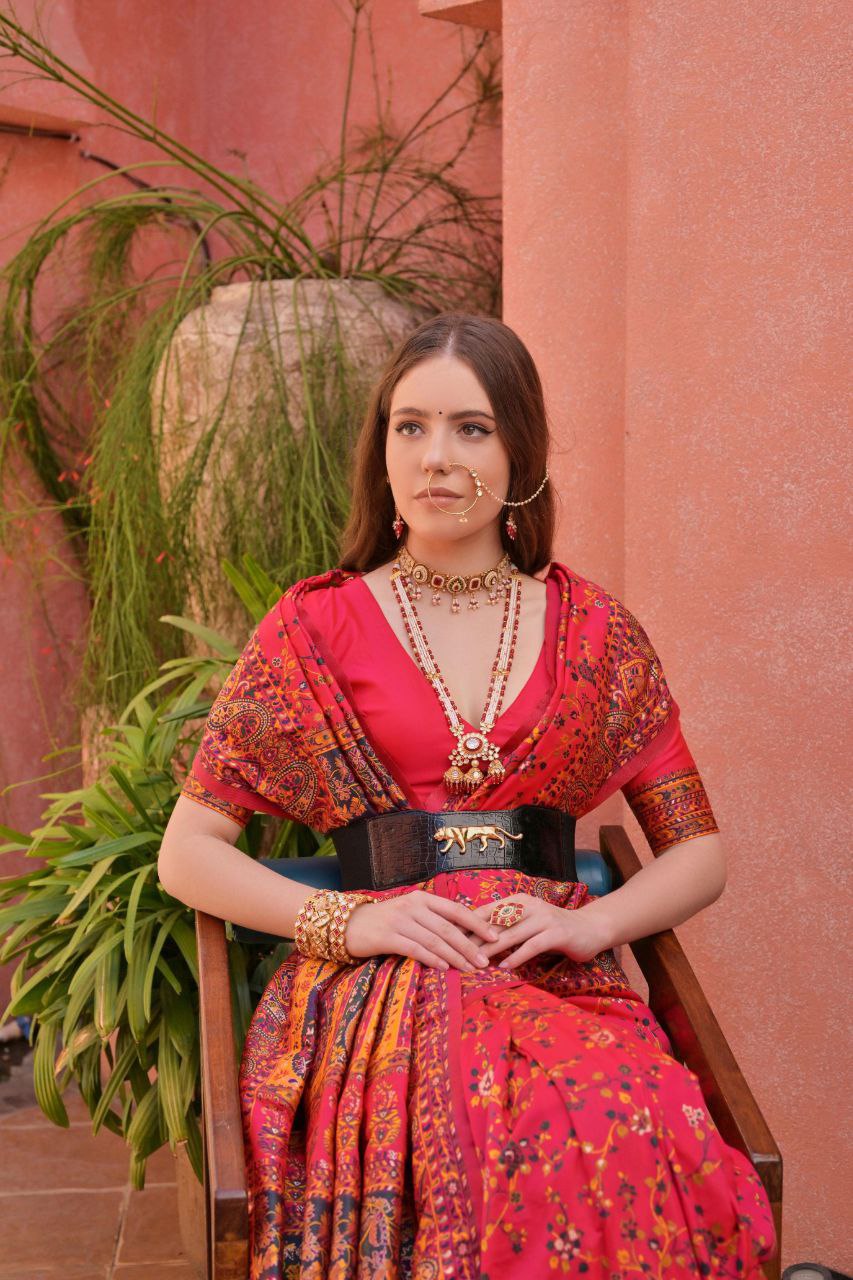 Pinkish Red Pashmina Silk Saree For Wedding