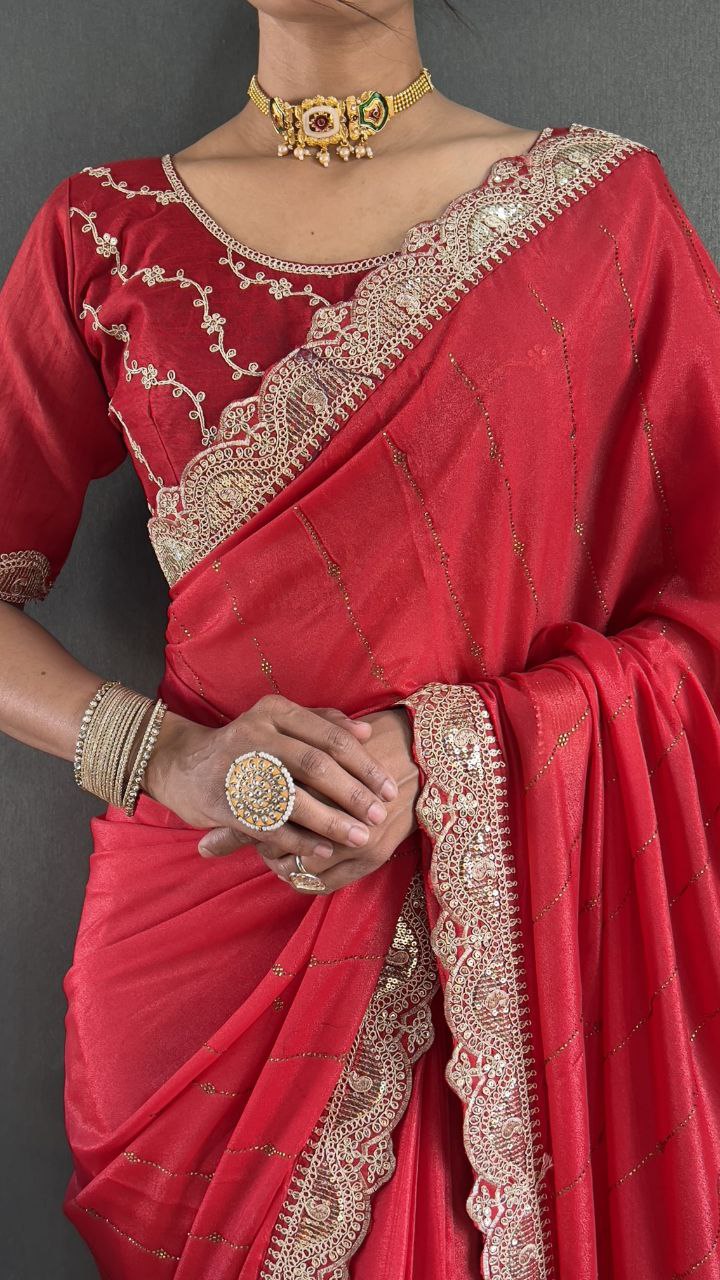 Pinkish Red Ready to Wear Star Georgette Silk Saree