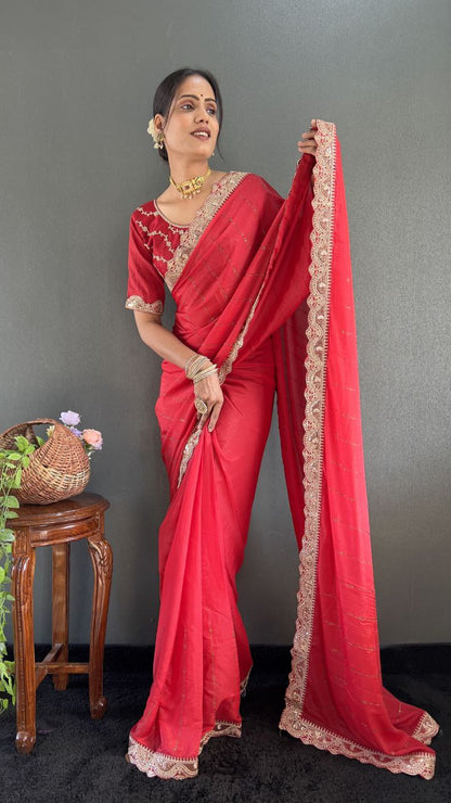 Pinkish Red Ready to Wear Star Georgette Silk Saree