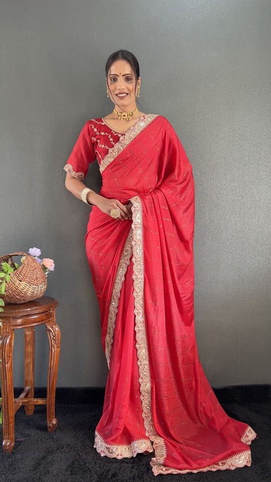 Pinkish Red Ready to Wear Star Georgette Silk Saree