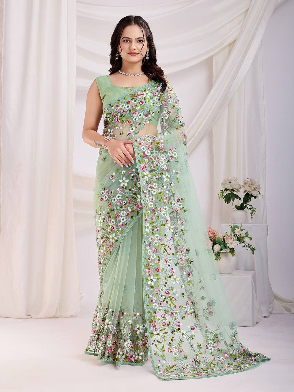 Pista Designer Soft Net Saree