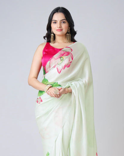 Pista Digital Printed Japan Satin Saree