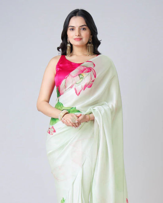 Pista Digital Printed Japan Satin Saree
