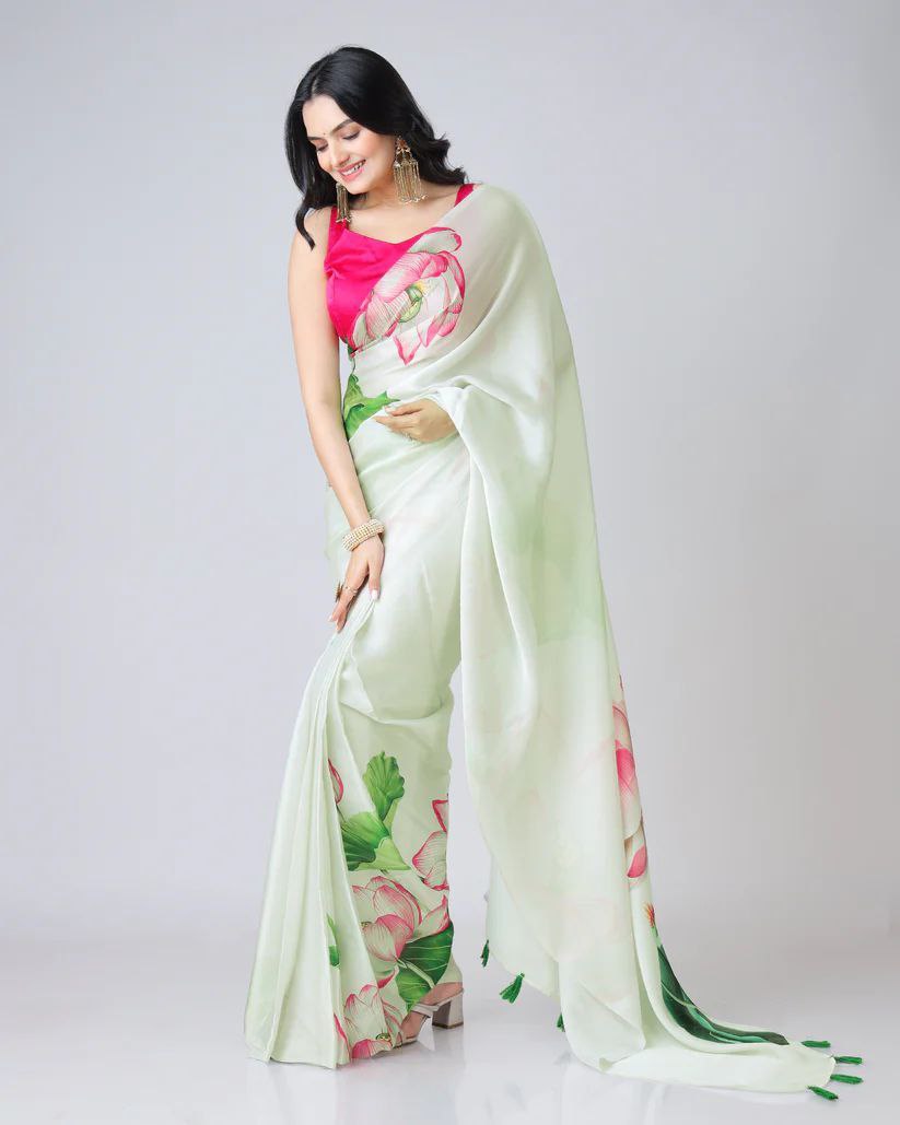 Pista Digital Printed Japan Satin Saree