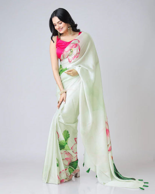 Pista Digital Printed Japan Satin Saree