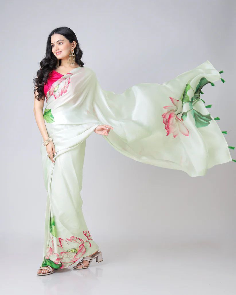 Pista Digital Printed Japan Satin Saree