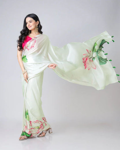 Pista Digital Printed Japan Satin Saree