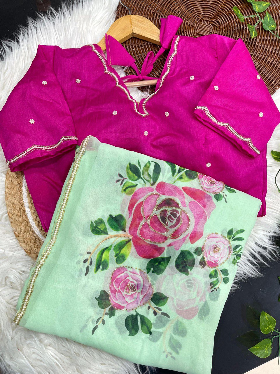 Pista Flora Printed Handworked Georgette Saree