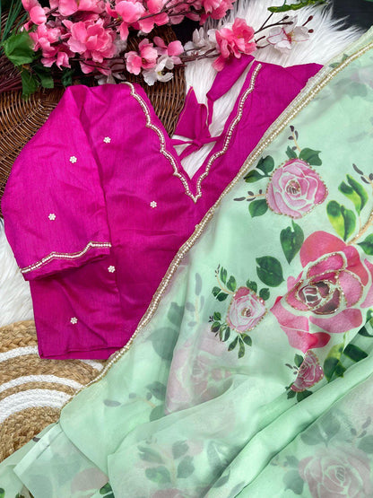 Pista Flora Printed Handworked Georgette Saree