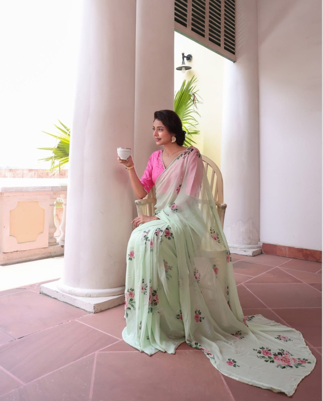 Pista Flora Printed Handworked Georgette Saree