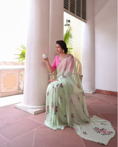 Pista Flora Printed Handworked Georgette Saree