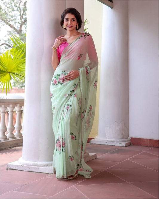 Pista Flora Printed Handworked Georgette Saree