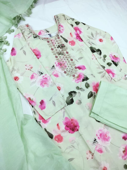 Pista Floral Cotton Kurta Pant With Dupatta