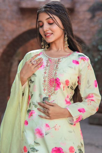 Pista Floral Cotton Kurta Pant With Dupatta