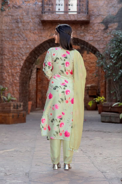 Pista Floral Cotton Kurta Pant With Dupatta