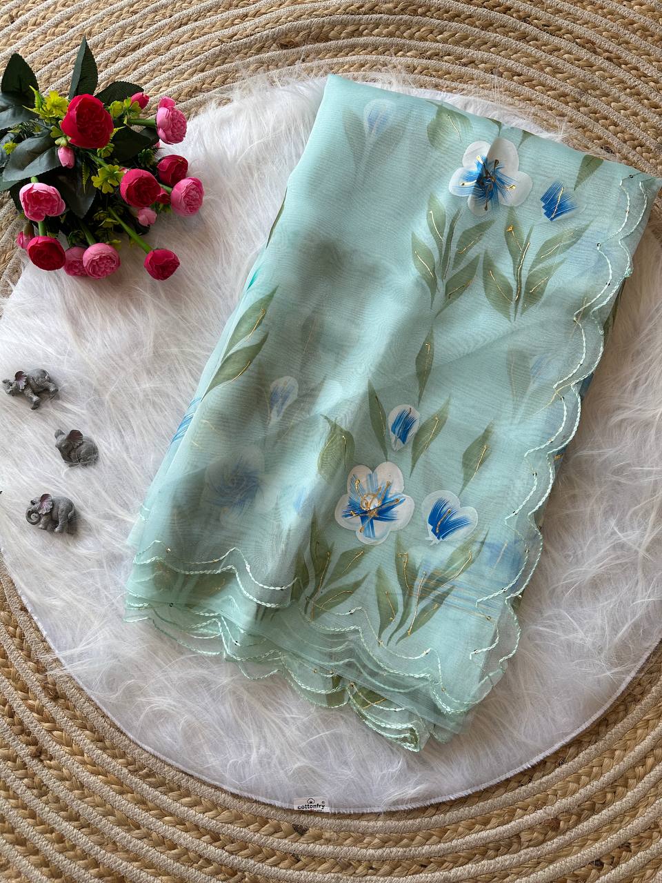 Pista Floral Handprinted Organza Silk Saree