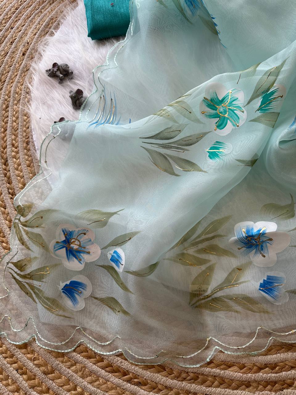 Pista Floral Handprinted Organza Silk Saree