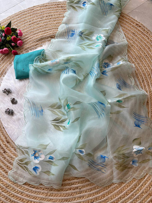 Pista Floral Handprinted Organza Silk Saree