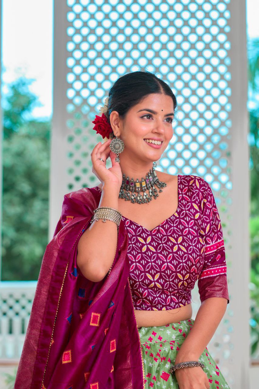 Pista & Magenta Traditional Wedding Wear Silk Lehenga