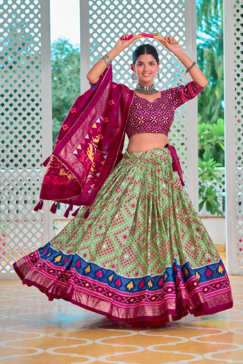 Pista & Magenta Traditional Wedding Wear Silk Lehenga