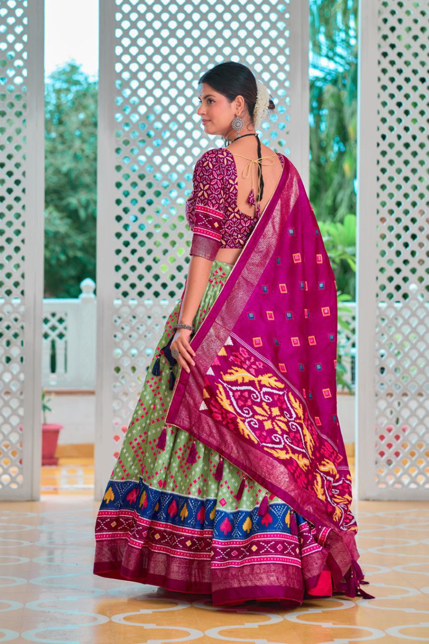 Pista & Magenta Traditional Wedding Wear Silk Lehenga
