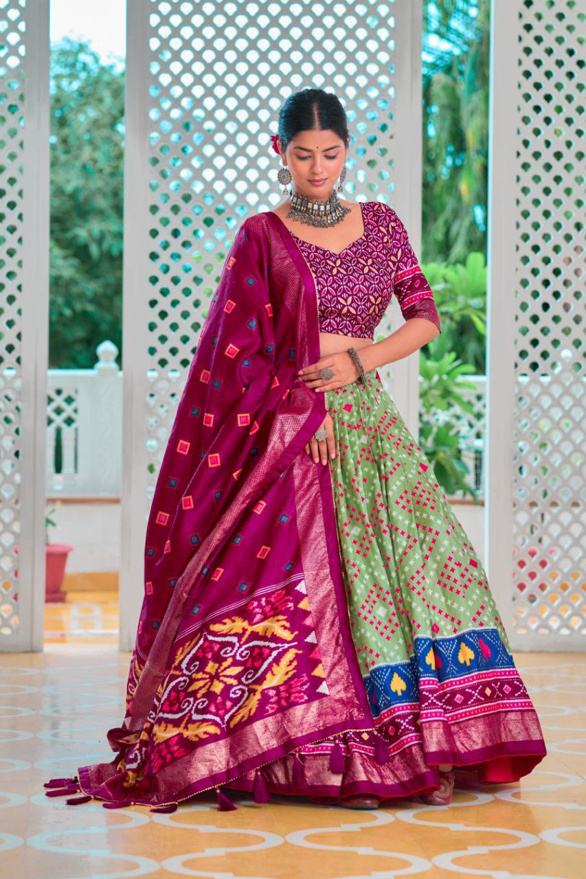 Pista & Magenta Traditional Wedding Wear Silk Lehenga