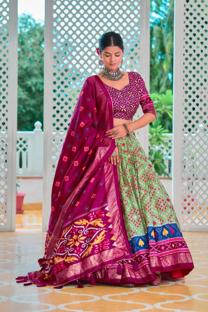 Pista & Magenta Traditional Wedding Wear Silk Lehenga