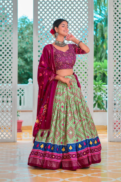 Pista & Magenta Traditional Wedding Wear Silk Lehenga