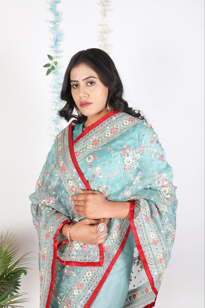 Pista Party Wear Organza Silk Saree