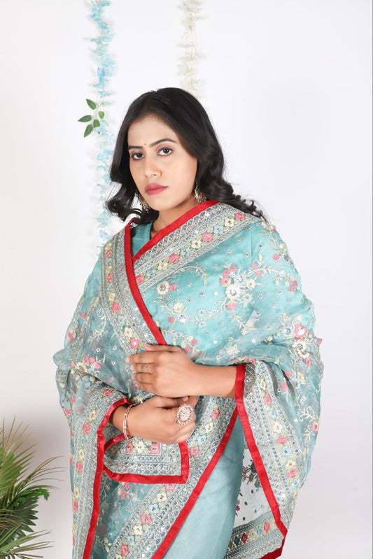 Pista Party Wear Organza Silk Saree