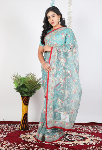 Pista Party Wear Organza Silk Saree