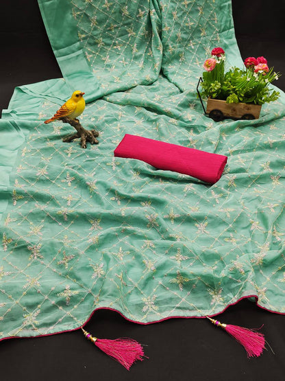 Turquoise Blue Party Wear Satin Georgette Saree