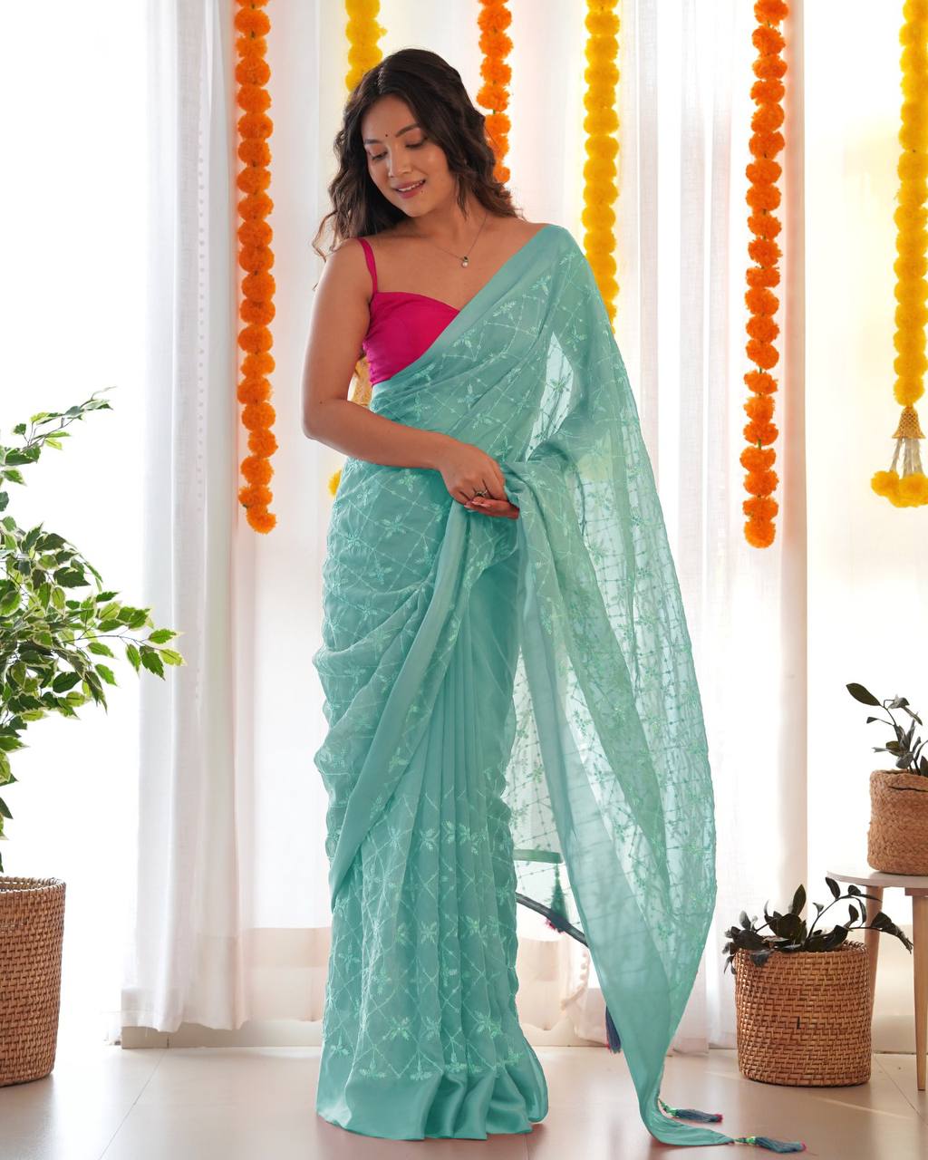 Turquoise Blue Party Wear Satin Georgette Saree