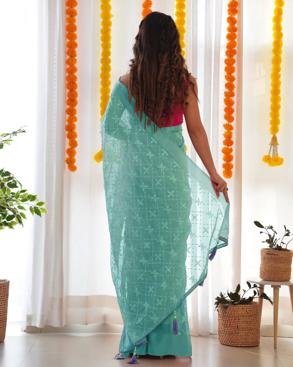 Turquoise Blue Party Wear Satin Georgette Saree