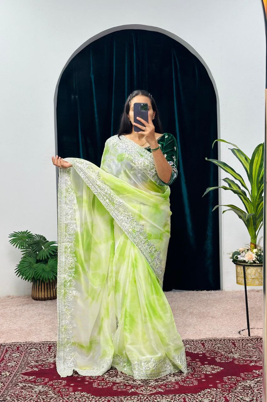 Pista Shibori Printed Burberry Silk Saree