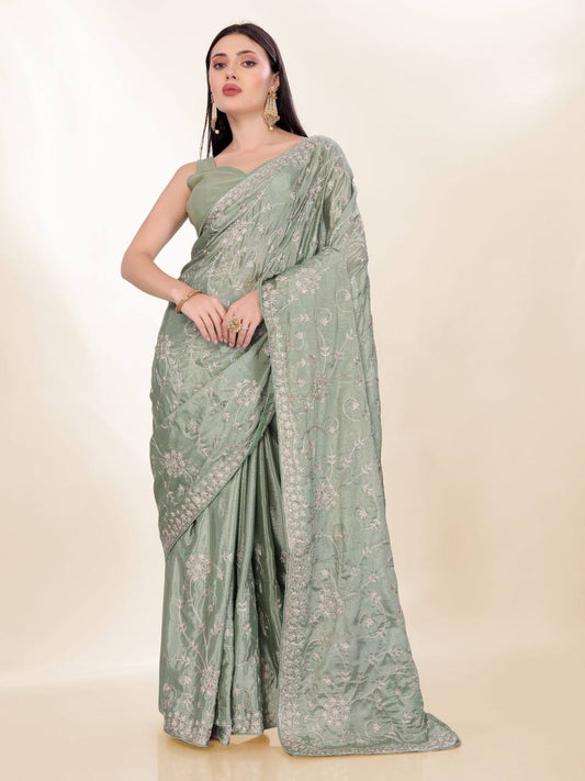 Pista Silver Party Wear Chinon Silk Saree