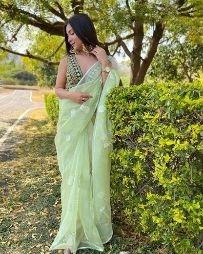 Pista Stylish Party Wear Organza Silk Saree