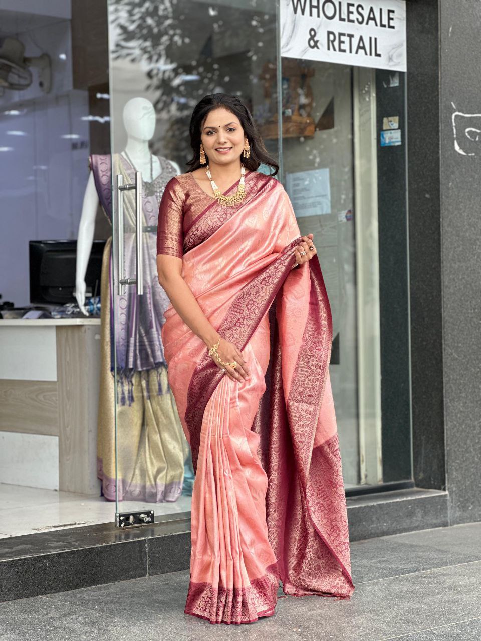 Peach Wedding Wear Soft Silk Saree