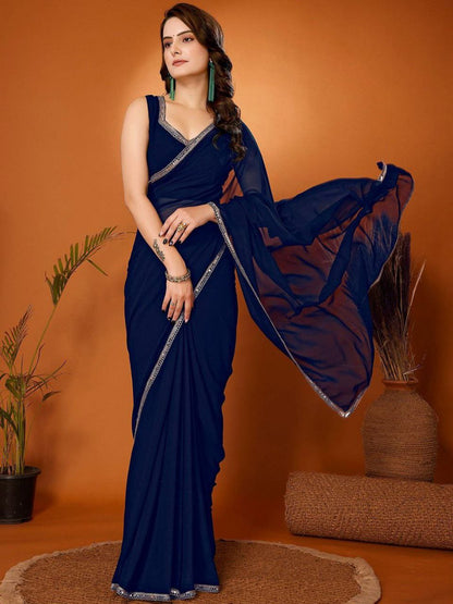 Blue Stylish Plain Georgette Saree